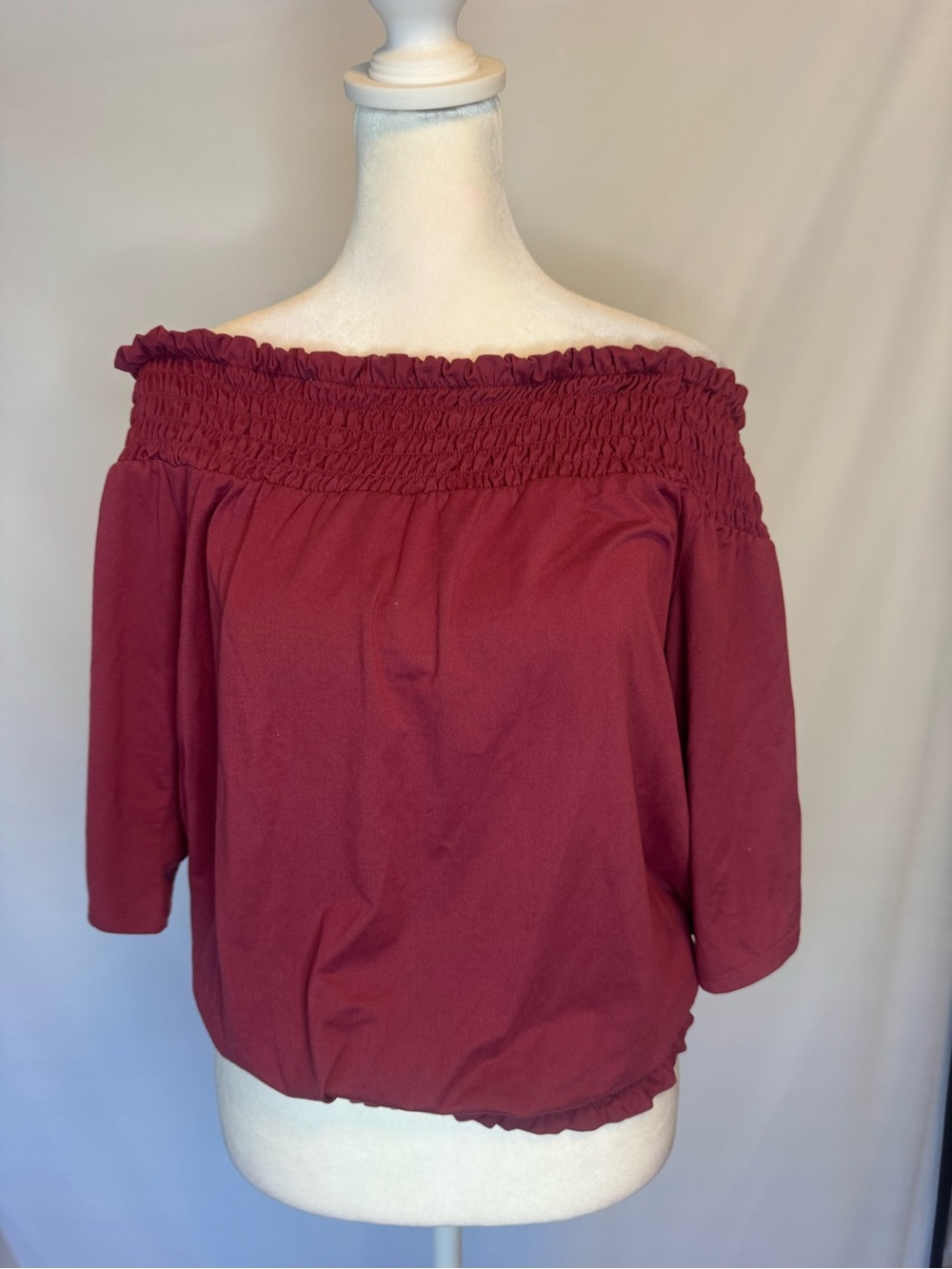 Daytrip Off-Shoulder Smocked Crop Top in Burgundy, Flare Sleeves